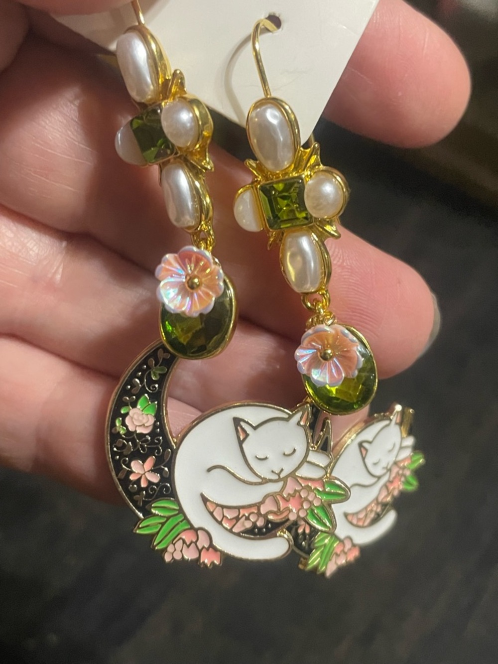Gold-Tone White & Green Cat Crescent Drop Earrings - Floral Accent